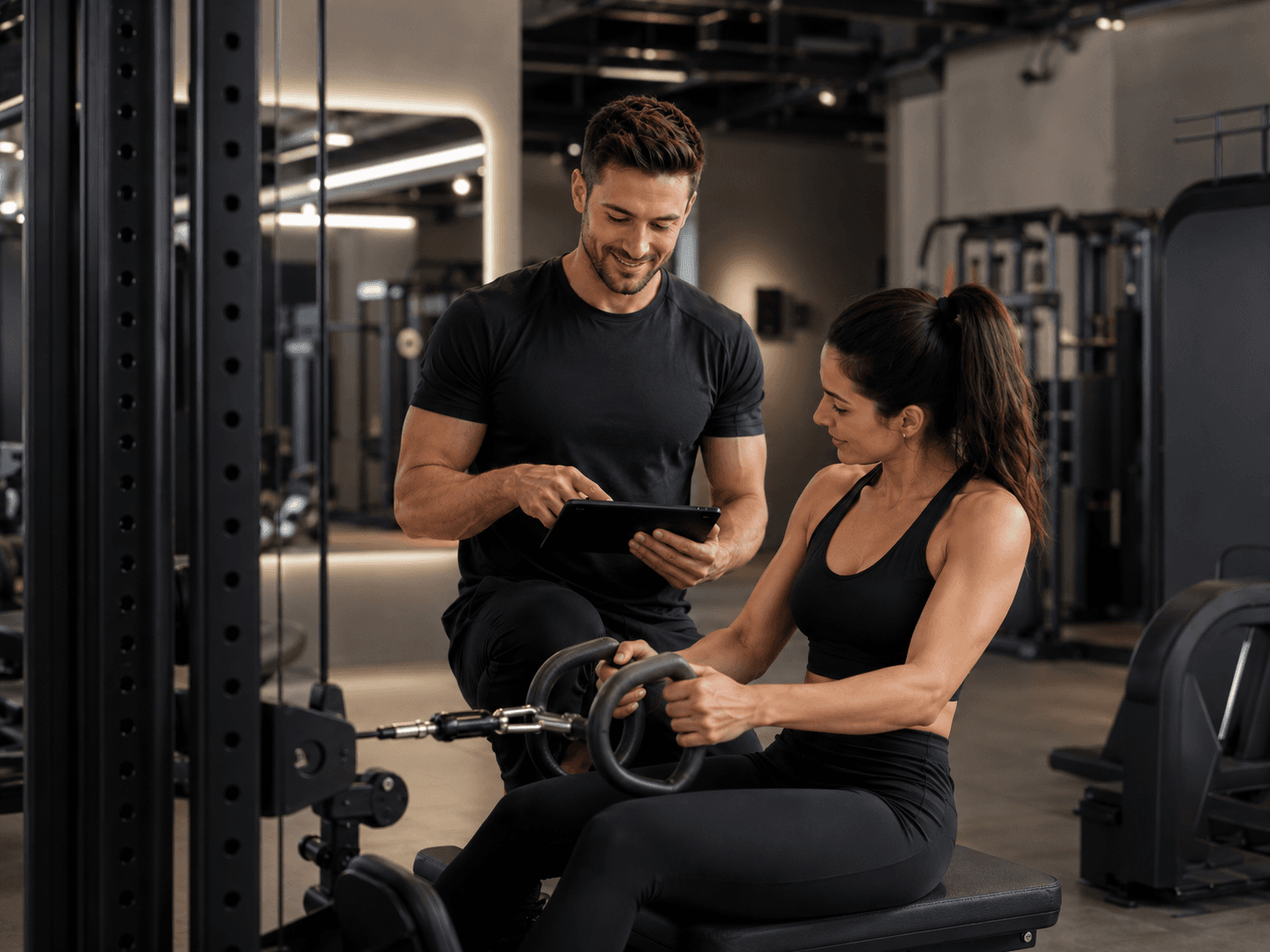 Coach sportif indépendant accompagnant une cliente pendant une séance